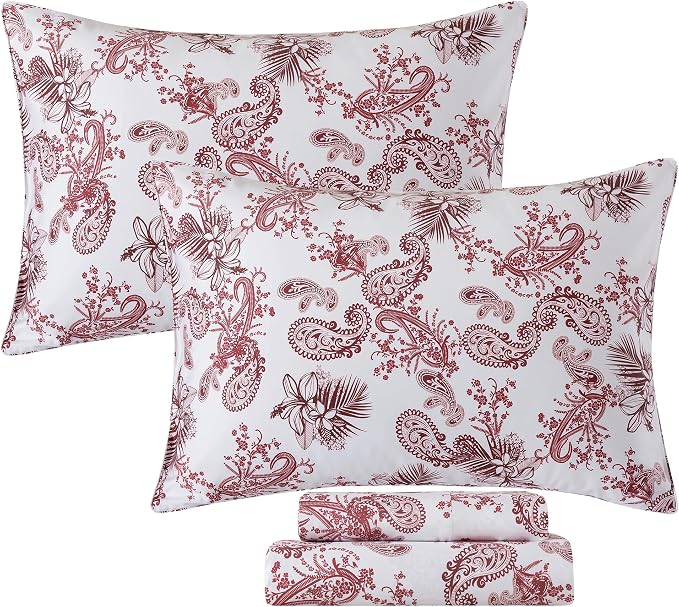 FADFAY Paisley Sheets Set Twin 100% Egyptian Cotton Exotic Tropical Floral Sheets Vintage Red & White French Country Bedding Shabby Romantic Farmhouse Bedding Soft & Breathable Deep Pocket, 4Pcs