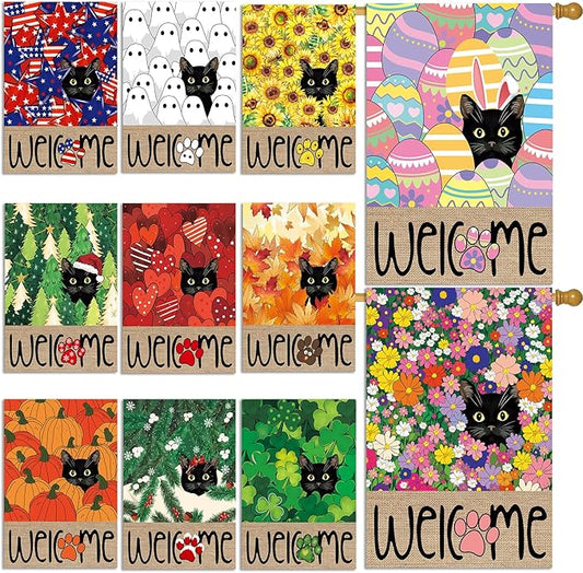 Seasonal Garden Flags Set of 11, Double Sided 28 x 40 Inch Black Cat House Flags, Large Flags for Outside, Spring Summer Easter Independence Day Outdoor Flags, Welcome Holiday Garden Flags for All Seasons