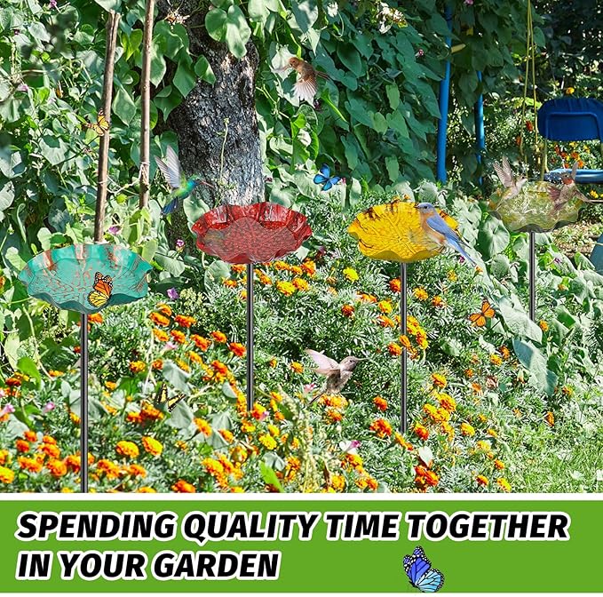 4PCS Hummingbird Bird Bath for Outside, Freestanding Metal Flower BirdBaths Bowl with Stake, Detachable Birdfeeder for Outdoor Yard Lawn Garden Decor (4PCS-Red-Yellow-Blue-Green)