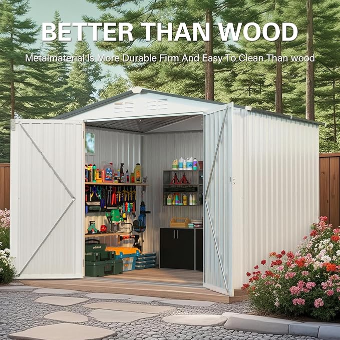 8x6FT Metal Storage Shed Outdoor Garden Tool Shed, Galvanized Steel Weather Resistant Backyard Organizer with Lockable Door, Waterproof Utility Storage House for Patio Courtyard Equipment Storage