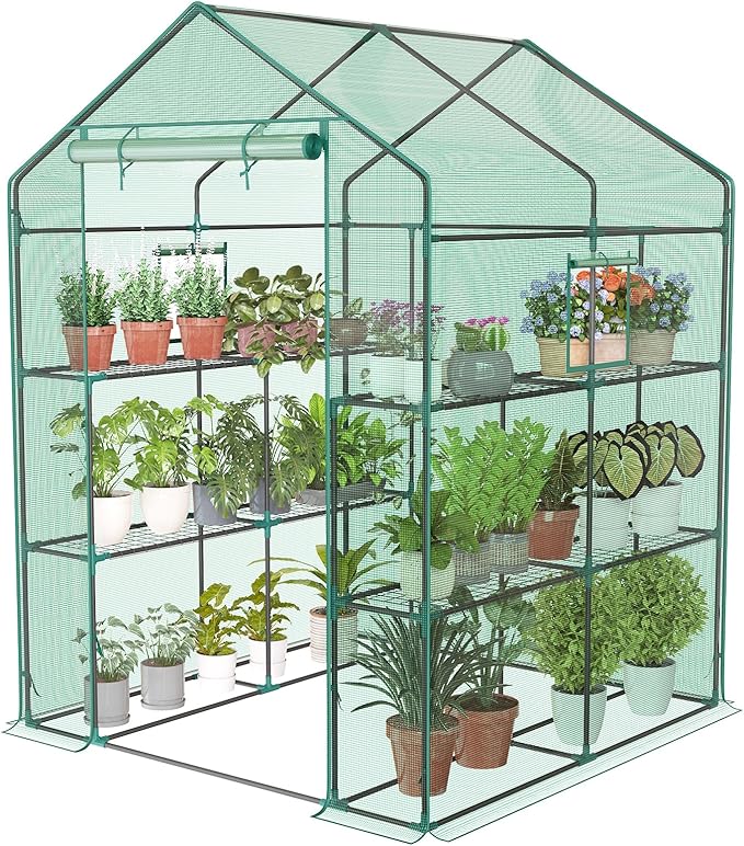 NEWBULIG Outdoor Greenhouse, Walk-in Greenhouse with 2 Tier 8 Plant Shelves, 56"×56"×77" Durable PVC Cover, Portable Greenhouses for Outdoor Garden, Patio, Porch, Backyard Green Houses, Green