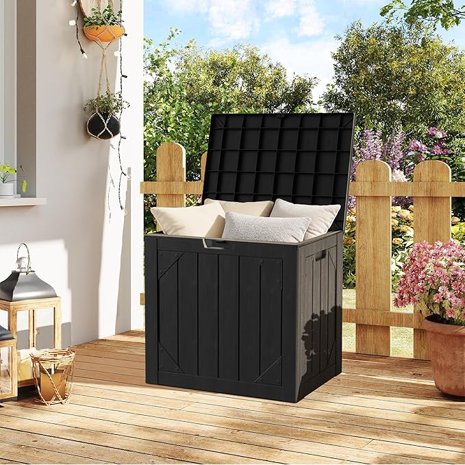 Outdoor Storage Deck Box Waterproof,30 Gallon Lockable Patio Package Delivery Bin as Seat, Resin Storage Container Bench for Furniture Cushions, Pool Accessories, Garden Tools, Black