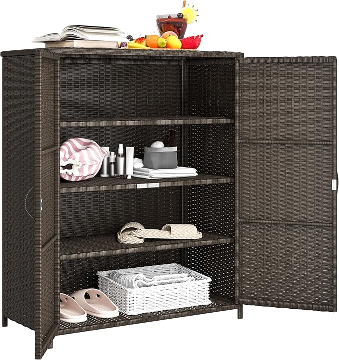 Outsunny Wicker Outdoor Storage Cabinet with Shelves, 4-Shelf Outdoor Pool Towel Cabinet with Two Doors, Rattan Patio Storage Shelves for Garden, Backyard, Porch, Dark Coffee