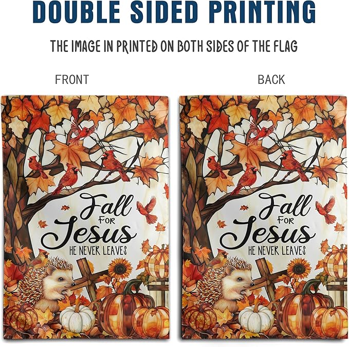 Stained Glass Autumn House Flag Fall for Jesus He Never Leaves Banner Religious Thanksgiving Pumpkin Yard Signs 28x40 Double Sided Outside Halloween Cardinal Garden Decor Outdoor