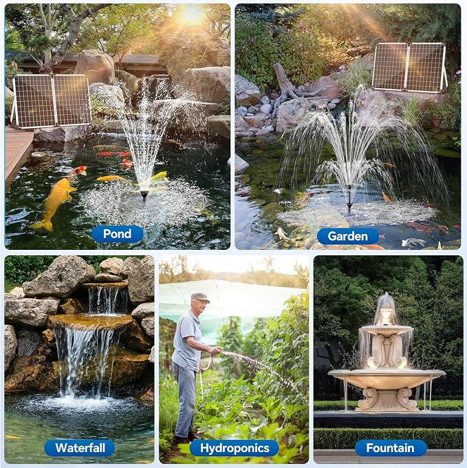 NFESOLAR 55W Solar Fountain Pump, 580GPH Solar Pond Pump with Dry-Run Protection, Foldable Solar Panel, 16.5FT Cord, 10FT Extension Cable, PVC Tubing for Outdoor Ponds, Waterfall, Garden, Hydroponics