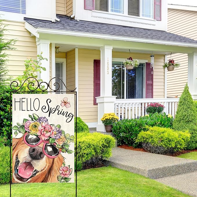 Hello Spring House Flags for Outdoor Decoration, Dog with Flowers Hat Large Yard Flag, Seasonal Decorative Celebration Decor for Summer Farmhouse Holiday Outside 28x40 Inch Vertical Double
