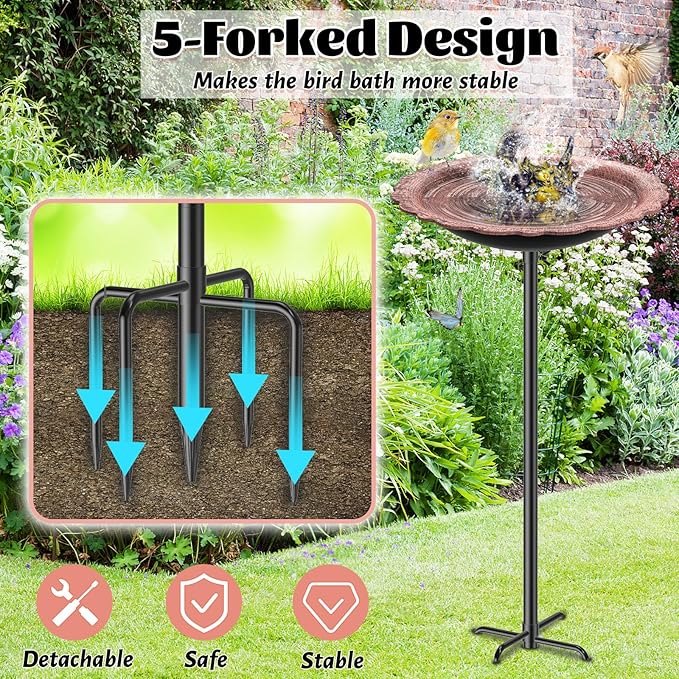 Bird Bath for Outside, MeyRolizn Metal Birdbath Birdfeeder Decorated with 5 Prong Base Stand, Outdoor Freestanding Bird Baths Feeder Bowl Garden Decor Yard Patio Lawn Art (Vintage Copper)