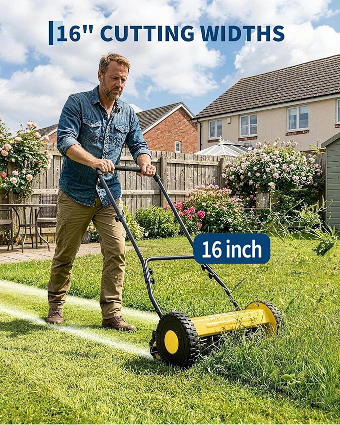 GarveeLife 5-Blade Push Reel Lawn Mower, 16-Inch Manual Push Grass Cutter, Adjustable Cutting Height, Lightweight & Easy Assembly for Small/Medium Yards, Compact Storage, Quiet Eco-Friendly