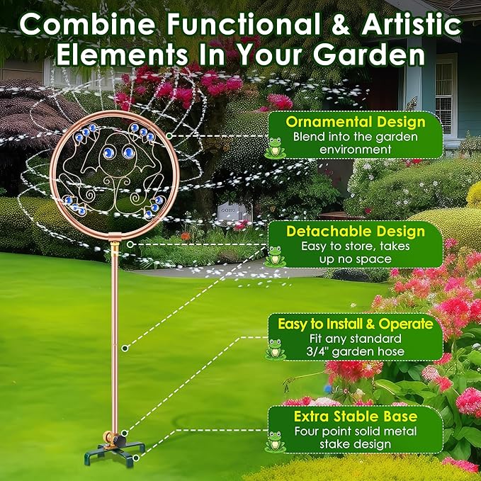 34" H Copper Coated Stainless Steel Ornamental Sprinkler, Corrosion Resistant Garden Rotating Sprinkler 360 Degree Shape Decorative for Lawn Garden Landscape(Frog)