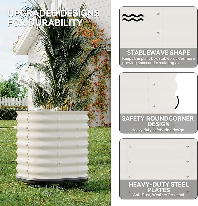 GarveeHome Self-Watering Wheeled Metal Garden Bed – Mobile Raised Planter Box with Water, Galvanized Steel Indoor/Outdoor Rolling Grow Station for Herbs, Veggies & Decor (23.6"x23.6"x27.5"),White
