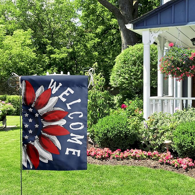 4th of July Sunflower House Flag Red White Blue Floral Garden Flags 28x40 Double Sided Large Memorial Independence Day Banner for Outside Outdoor Patriotic Decor