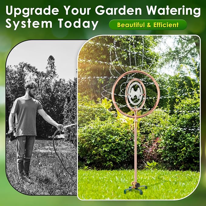 34" H Copper Coated Stainless Steel Ornamental Sprinkler, Corrosion Resistant Garden Rotating Sprinkler 360 Degree Shape Decorative for Lawn Garden Landscape(Double Ring Clear Butterfly)