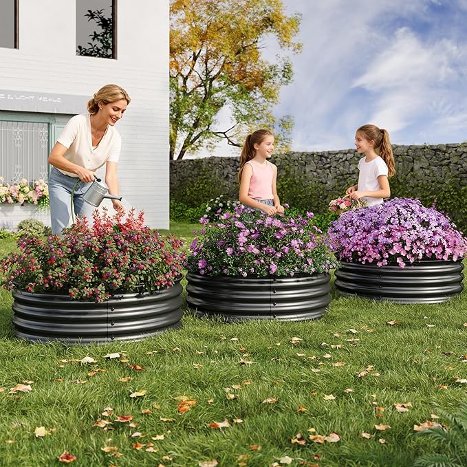 Garvee Round Raised Garden Bed, 3PCS 2 x 1ft Galvanized Raised Boxes with Rust-Resistant, Easy Assembly, Safe Edge, Metal Garden Bed Kit for Planting Vegetables, Fruits, Flowers, Black