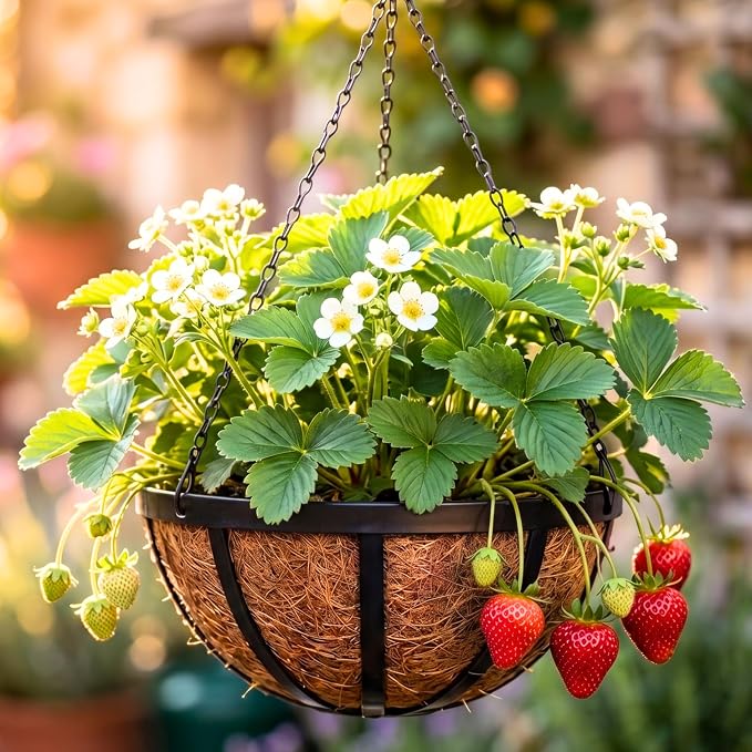 LaLaGreen Outdoor Hanging Baskets for Plants (10 Inch, 2 Pack) Small and Cute Hanging Planters with Coco Liner, Black Metal Flat Iron Flower Pots for Deck Patio Porch Garden Balcony Outside Decoration