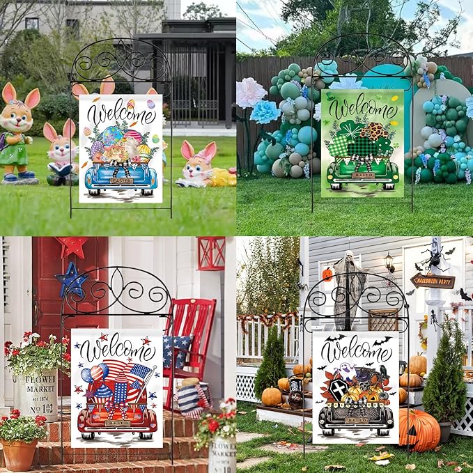 Seasonal Garden Flags Set of 11 Double Sided 12 x 18 Inch Rustic Truck Yard Flags, Small Flags for Outside, Summer Spring 4th of July Outdoor Flags, Holiday Garden Flags for All Seasons