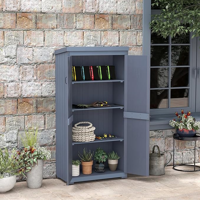 Outsunny Wooden Garden Shed, Outdoor Storage Cabinet with Waterproof Galvanized Metal Roof, Narrow Tool Shed with 3 Shelves and Lockable Door, Gray