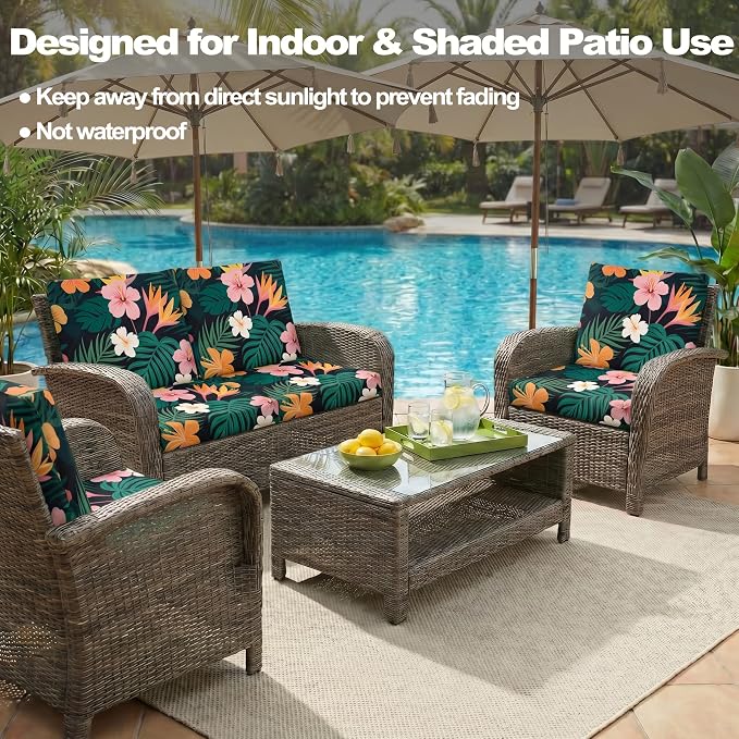 CALBODE 12 Pcs Stretch Outdoor Seat Cushion Covers, Washable Chair Seat Covers for Patio Furniture Cushions Soft Indoor and Outdoor Couch Cover Replacement (Dark Green Botanical, Cover Only)