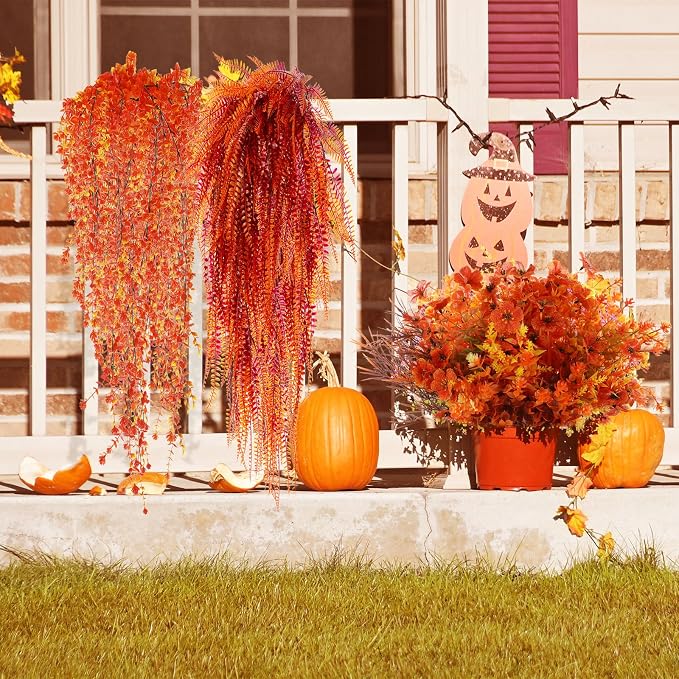 Thiccywoov 32 Bundles Artificial Fall Flowers Plants for Outdoors 16 Styles Autumn Decor, Fake Faux Flowers UV Resistant Orange Mums Violet Fern for Fall Thanksgiving Home Porch Window Box Decor