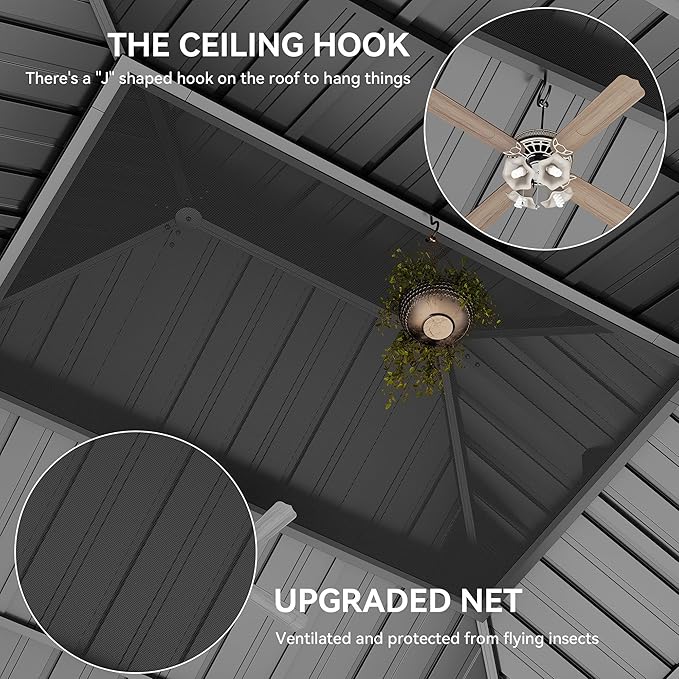YITAHOME 12x16ft Hardtop Gazebo with Nettings and Curtains, Heavy Duty Double Roof Galvanized Steel Outdoor Combined of Vertical Stripes Roof for Patio, Backyard, Deck, Lawns, Gray