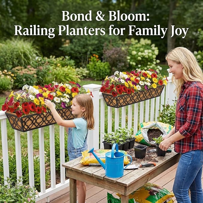 2 Pack 30 Inch Railing Planter Box with Coco Liner, Adjustable Metal Window Box Planter for Balcony Deck Fence, Hanging Flower Basket for Outdoor Garden, Black