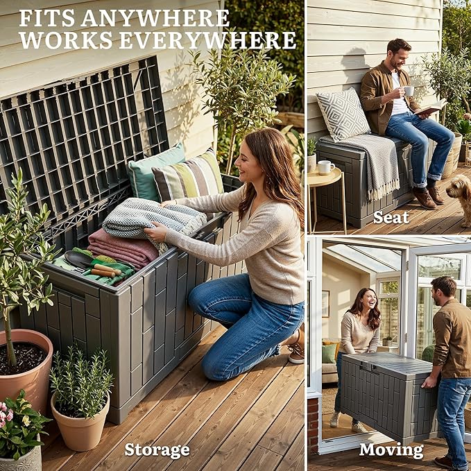 YITAHOME 60 Gallon Resin Deck Box, Weather Resistant Outdoor Rattan Storage Box with Slide-Locking Lid, Lockable Indoor Outdoor Storage for Supplies and Essentials, Taupe