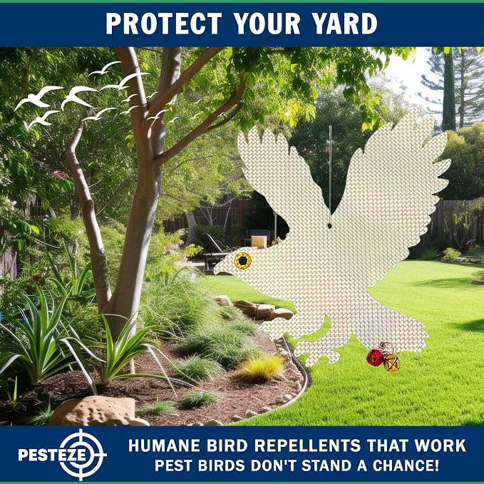 PESTEZE USA Owl Bird Repellent Holographic Decoy with 2 Bells [12.5 × 16 in] Uses Reflective Shine and Sound to Deter Woodpeckers, Pigeons, Crows, Ducks, Geese & Outdoor Pests Safely Around Your Home
