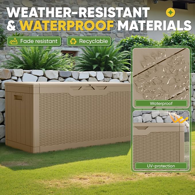 Greesum Outdoor Storage Box 100 Gallon Storage Bin with Lid for Patio Furniture, Garden Tools, Pool Supplies, Lockable, Waterproof and UV Resistant, Light Coffee