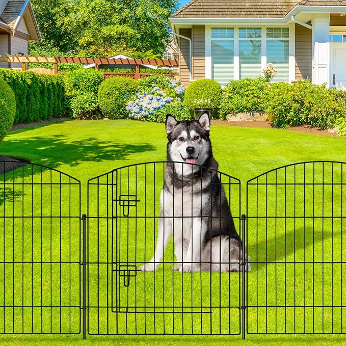GOTGELI No Dig Decorative Garden Fence with Gate 32in(H) x 22ft(L), 9 Panels+1 Gate+11 Stakes, Rustproof Metal Animal Barrier, Temporary Dog Fencing Outdoor for Yard, Patio, Flower Bed, Landscape