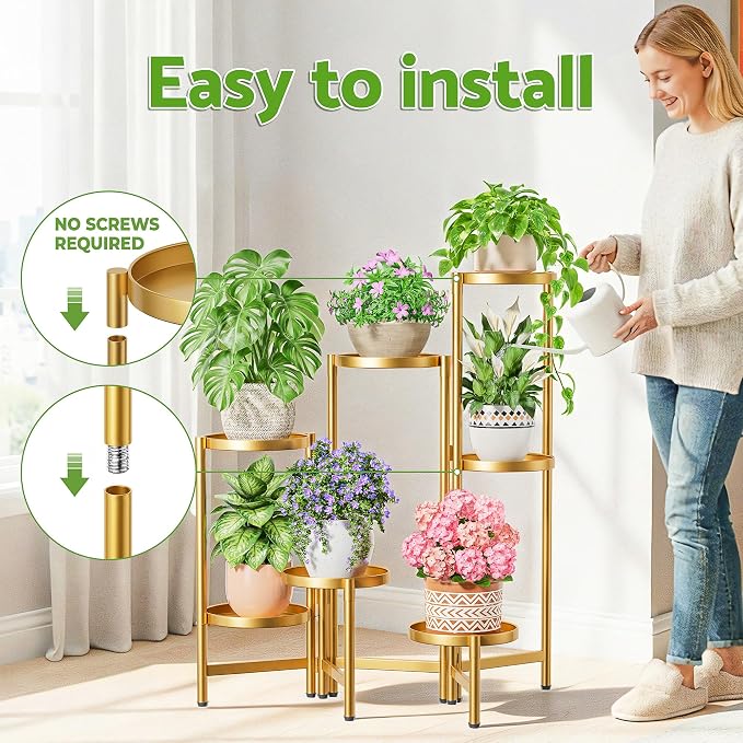 Stand Plants Gold, 7 Tiered Corner Plant Stand Indoor Outdoor, Tall Folding Rack with Rust Proof 7.9 Inch Wide Tray, Heavy Duty Flower Shelf for Multiple Plants for Patio - GoldDisk
