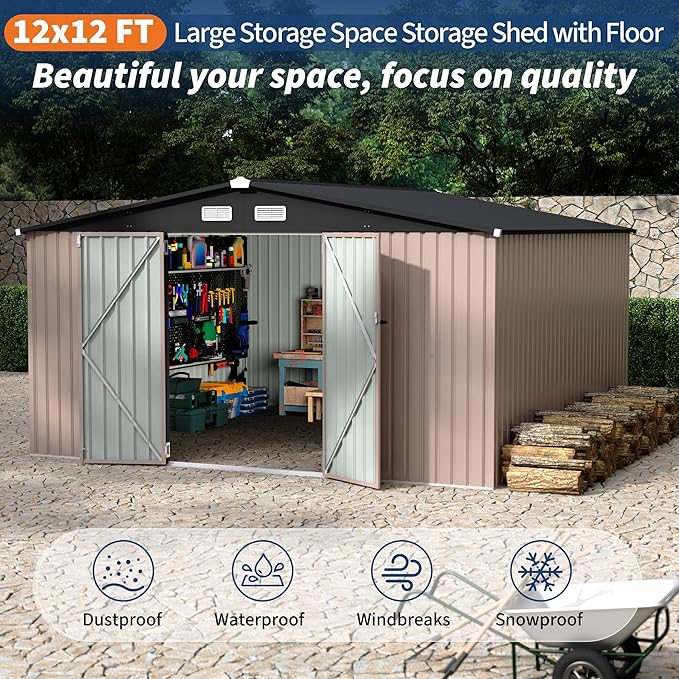 GarveeLife 12x12x6.4 ft Outdoor Storage Sheds, Metal Garden Tool Shed for Backyard, Large Metal Sheds Outdoor Storage With Lockable Doors & Air Vents for Backyard Garden Patio Lawn
