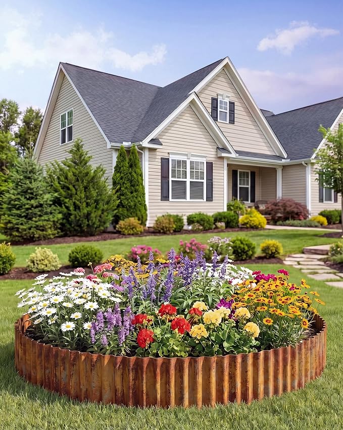 Corrugated Metal Garden Edging, 12"×50Ft Durable Landscape Border for Garden, Lawn, Flower Beds and Paver Edging (Rusty)