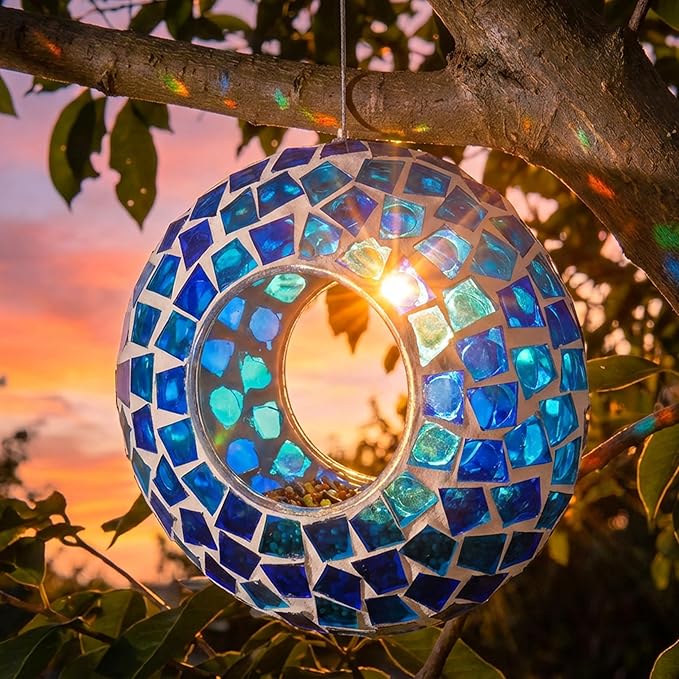 Sunnydaze 6-Inch Glass Mosaic Hanging Bird Feeder for Outdoors - Fly-Through Glass Bird Feeder for Cardinals, Jays, Finches and More - Blue Mosaic