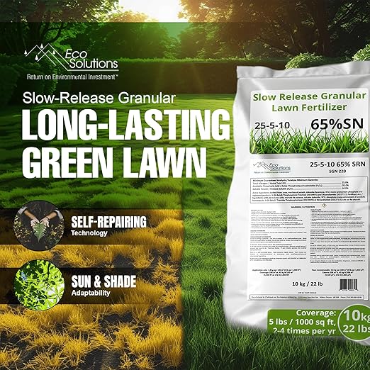 Slow Release Lawn Fertilizer 25-5-10 NPK - 65% Granular Nitrogen Formula for Deep Feeding up to 110 Days - 20kg (44lbs) Bag - Kid & Pet Safe Lawn Care for Lush Green Grass