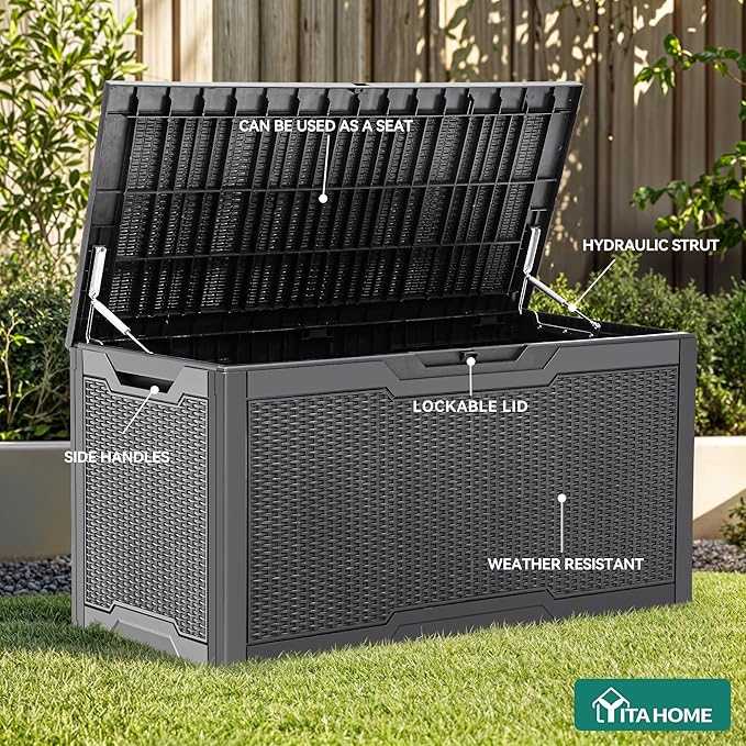 YITAHOME 100 Gallon Large Deck Box, Outdoor Resin Storage Boxes for Patio Furniture, Outdoor Cushions, Garden Tools, Water Resistant and Lockable