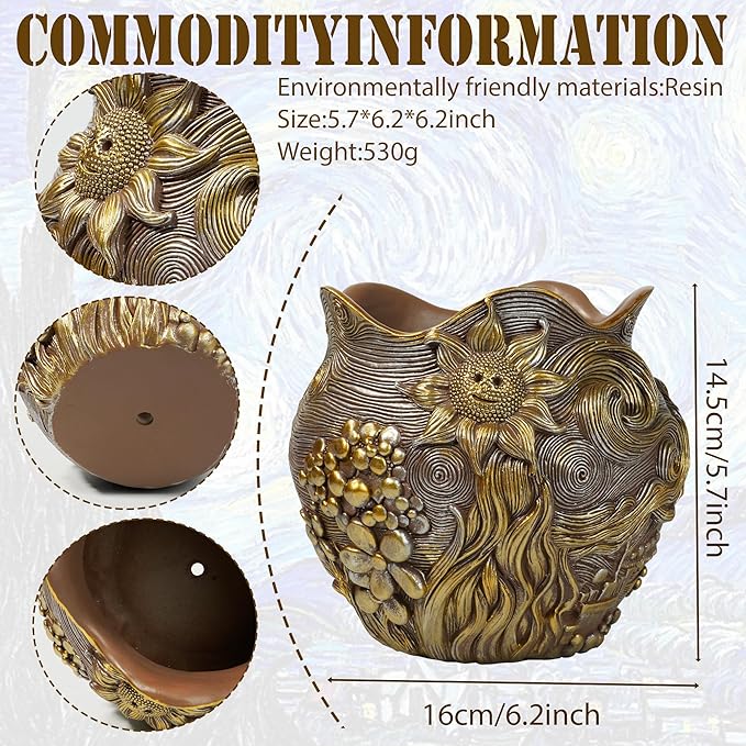 Sunflower Starry Sky Plant Pots-Cute Unique Flower Pots with Drainage Hole, Resin Planters for Indoor Outdoor Succulent Planter, Plant Gifts for Mother's Day, Birthday, Christmas (Gold)