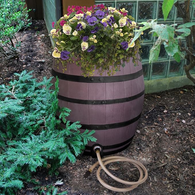 Rescue 50-Gallon Whiskey Rain Barrel with Black Bands – Includes Planter, Rain Water Diverter, Outlet Hose – Flatback Design – Brown