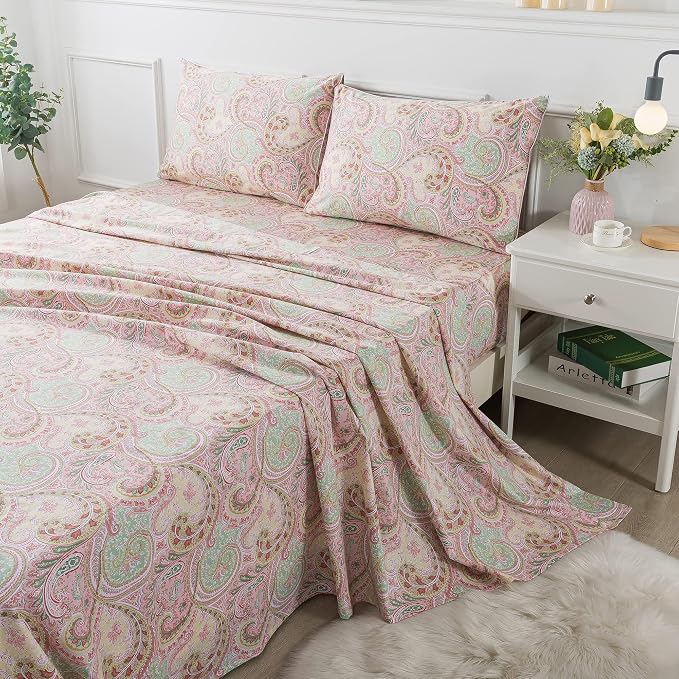 FADFAY Egyptian Cotton Sheets Twin Pink Paisley Bedding Sets Deep Pocket Fitted Sheet Set 800TC Soft Skin-Friendly Natural Bed Sheets (4Pcs, Twin Size)