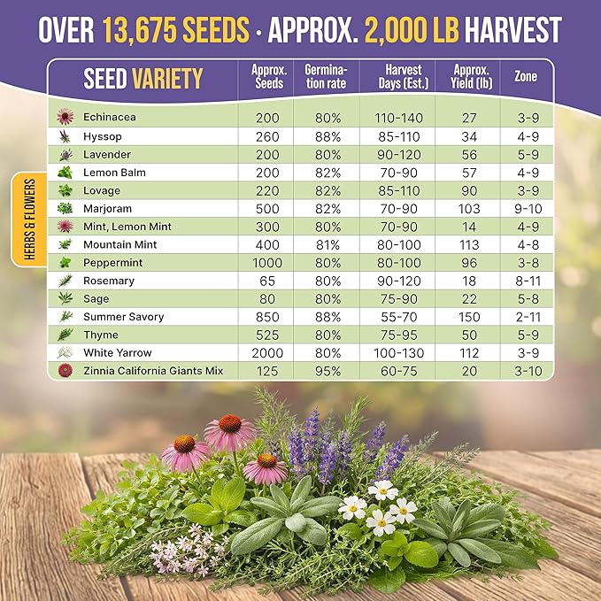 Organo Republic 30 Medicinal Tea Herb & Flower Seeds Variety Pack - 13600+ Non-GMO Heirloom Flower Seeds for Outdoor & Indoor Garden, Including Bergamot, Catnip, Calendula, Dandelion, Lovage, Zinnia