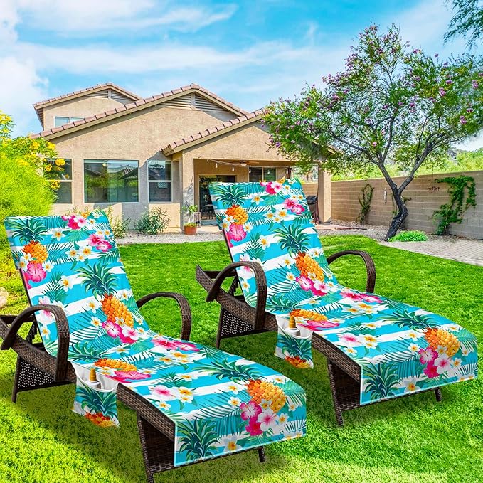 Lounge Chair Towel Cover, Beach Chair Cover (Pack of 2), Pool Lounge Chair Covers for Outdoor,Garden, Beach,Sun Lounger,Hotel Pool,Large Size and No Sliding, 85" X 30", Pineapple