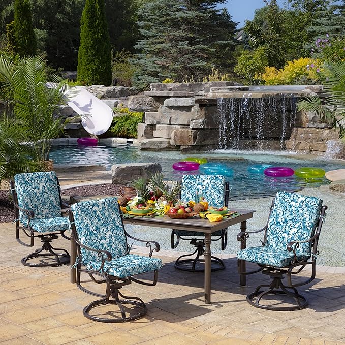 Arden 2-Pack Outdoor Patio Dining Chair Cushion, 20x44, Rain-Proof Seat Pad, Fade-Resistant Outdoor Cushion Aqua Blue Fusion Floral