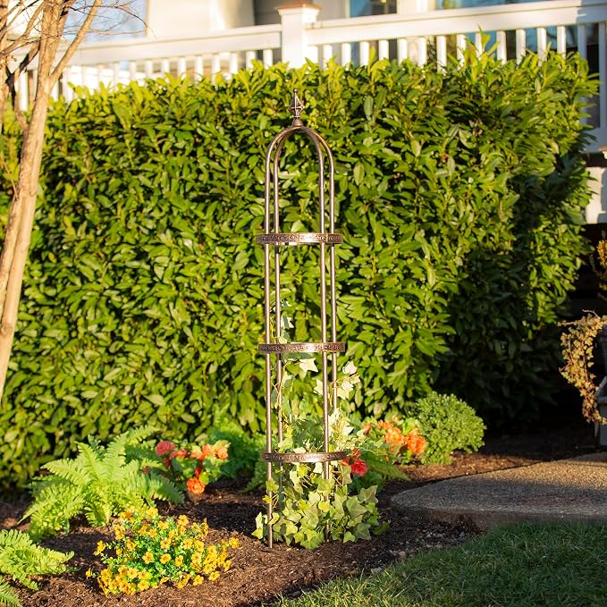 Evergreen 5 ft Garden Trellis for Climbing Plants Vines, Jasmine & Flowers, Rustproof Metal Obelisk Trellises, Outdoor & Indoor Plant Support for Potted Planters (Bronze)