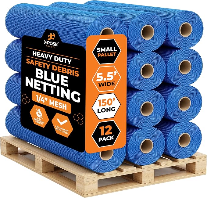 Xpose Safety Construction Safety Netting – 5.5' x 150', 1/4" Mesh Scaffold Safety Net, Temporary Material Roll, Visibility Fence, Heavy-Duty Fire Retardant, Blue (12-Pack)