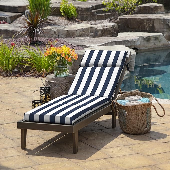 Arden Outdoor Chaise Lounge Cushion, 22 x 77, Rain-Proof, Fade Resistant Sapphire Blue Cabana Stripe
