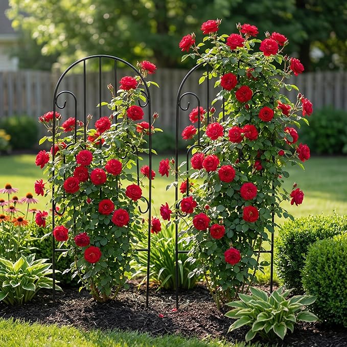 SCENDOR 2 Pack Arched Metal Garden Trellis for Climbing Plants 45" H x 15.9" W – Rustproof Iron Trellis with Decorative Scrollwork, Perfect for Roses, Clematis, Vines, and Patio Decor