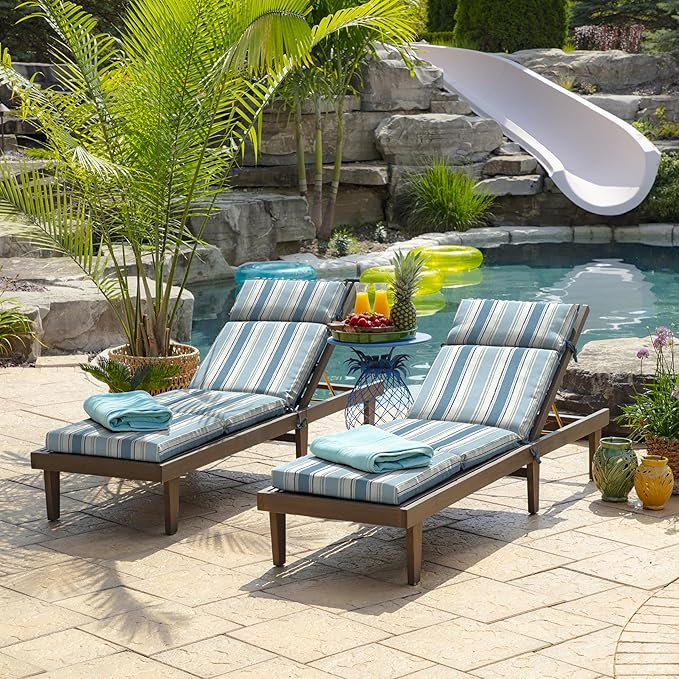 Arden Outdoor Chaise Lounge Cushion, 22 x 77, Rain-Proof, Fade Resistant French Blue Linen Stripe