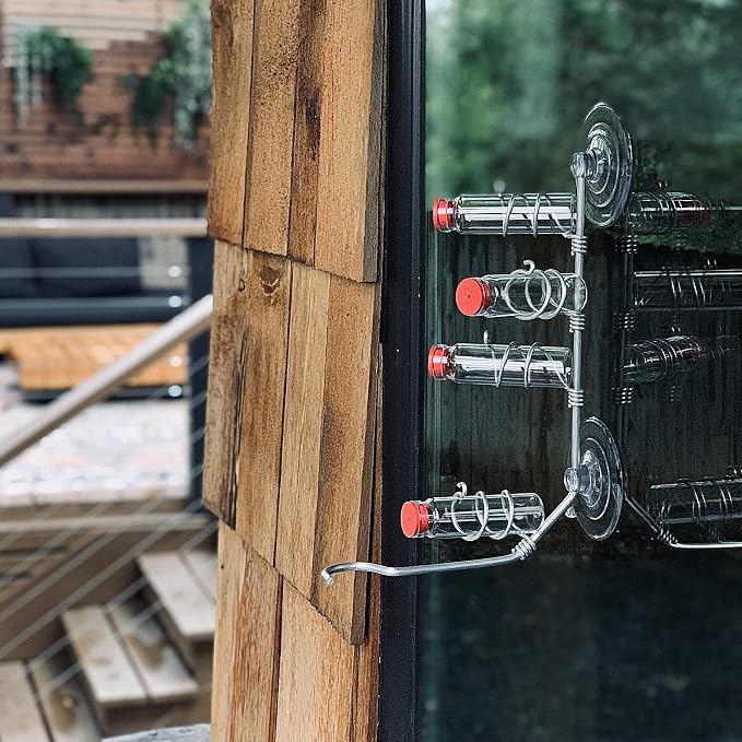 Window Hummingbird Feeder | Handcrafted Copper and Aluminum | Multiple Stations | Modern Hummingbird Feeder | Glass Bottles | Suction Cups (Aluminum, Four Station)