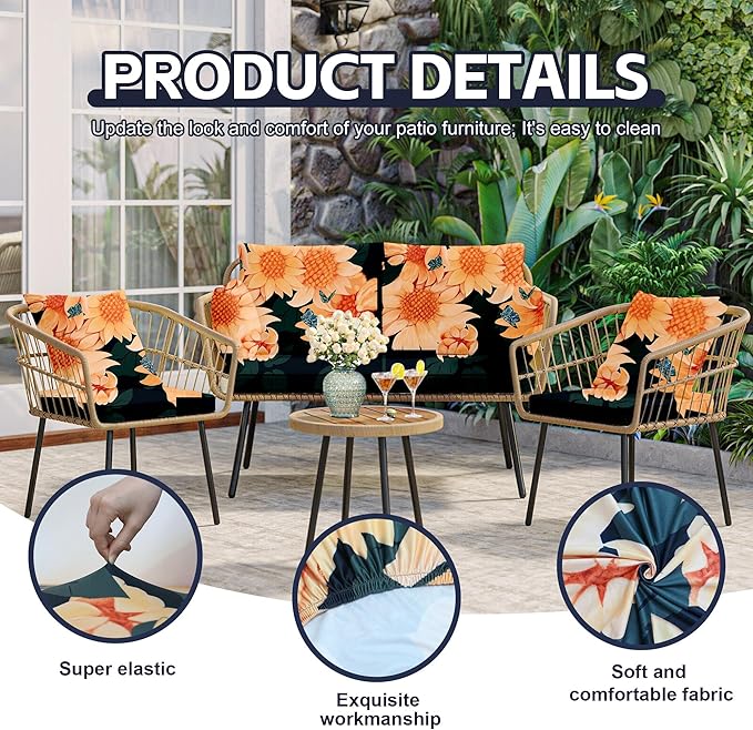 8Pcs Patio Cushion Covers,Outdoor Cushions Covers,Stretch Cushion Covers Replacement, Washable and Reusable Furniture Protectors(Sunflower)