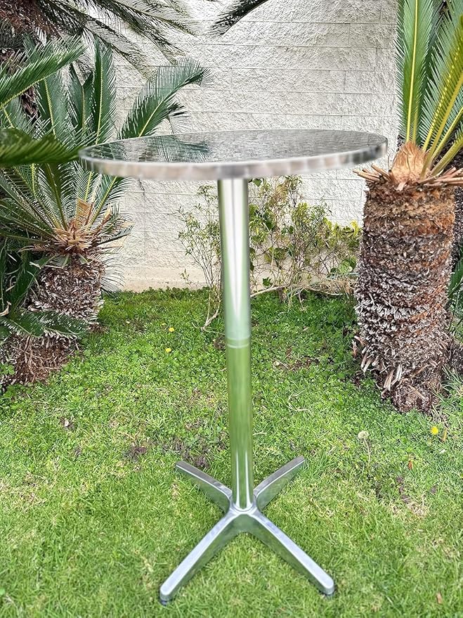 BTEXPERT Set of 5 – 45" Bar Height Round Flip-Top Aluminum Tables with 23.75" Stainless Steel Surface, Commercial-Grade Indoor/Outdoor Furniture for Restaurants, Cafés & Patios, 25.75" Base