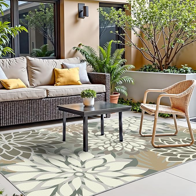 3x5 Washable Rug for Living Room Tropical Botanical Modern Floral Chenille Area Rugs Low Pile Non Slip Carpet for Patio, Bedroom, Laundry, Taupe