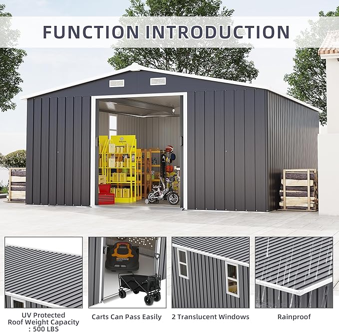 KEIKI 10' x 12' Metal Garden Storage Shed with Foundation Kit, Double Door Outdoor Tool Shed with 2 Windows, Color Steel Construction, Dark Gray